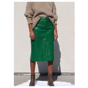 TIBI Croc-effect Faux Patent-leather Midi Skirt In Jade Green